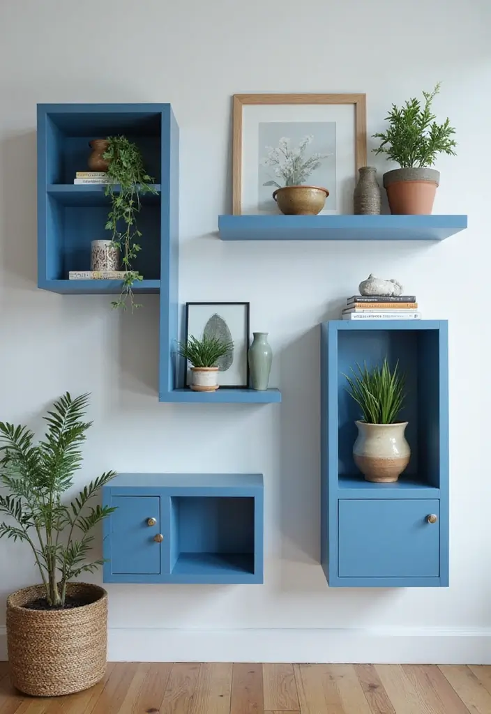 30 Blue Living Room Decor Ideas for a Calm Space - 26. Contemporary Blue Shelving