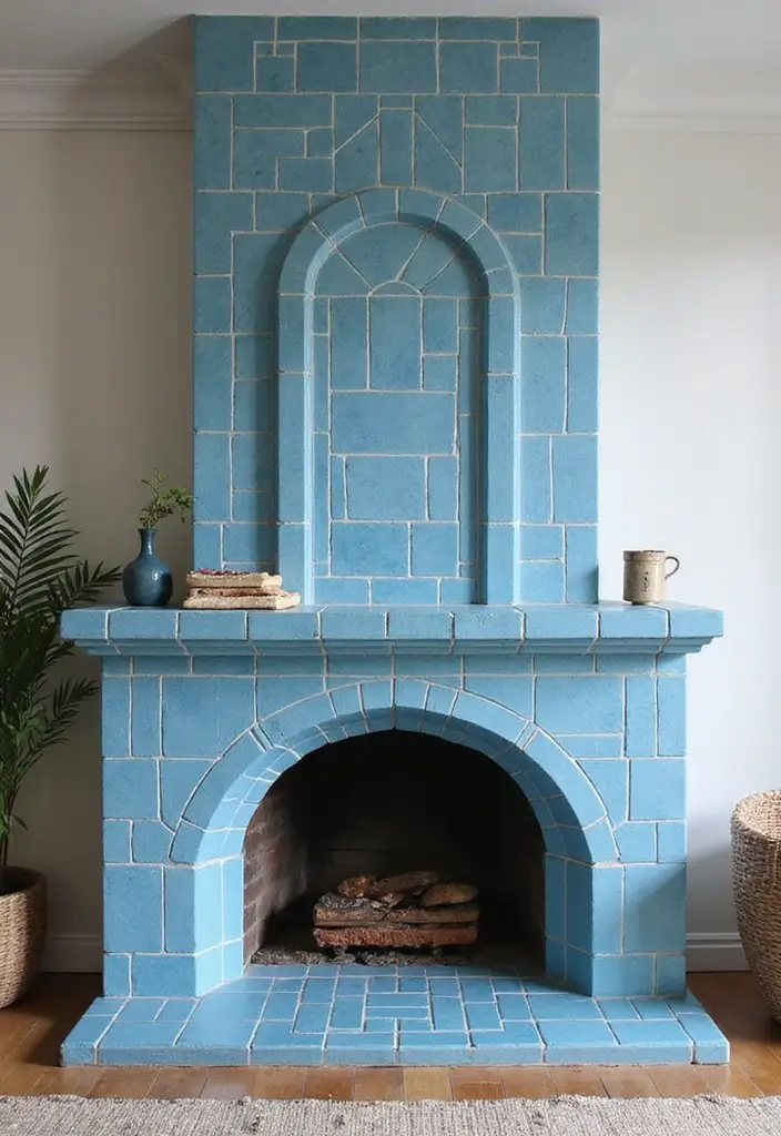 30 Blue Living Room Decor Ideas for a Calm Space - 27. Blue Tiles in the Fireplace