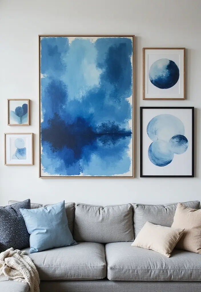 30 Blue Living Room Decor Ideas for a Calm Space - 3. Blue Artwork as Focal Points