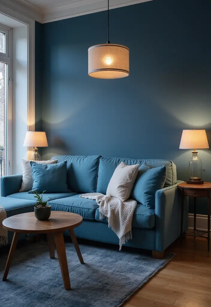 30 Blue Living Room Decor Ideas for a Calm Space - 8. Creative Blue Lighting Fixtures