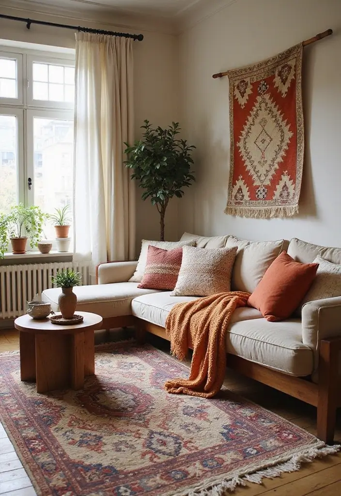 30 Bohemian Living Room Decor Ideas for Creative Homes - 1. Layered Textiles for Comfort