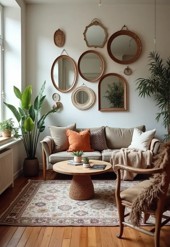 30 Bohemian Living Room Decor Ideas for Creative Homes - 19. Creative Use of Mirrors