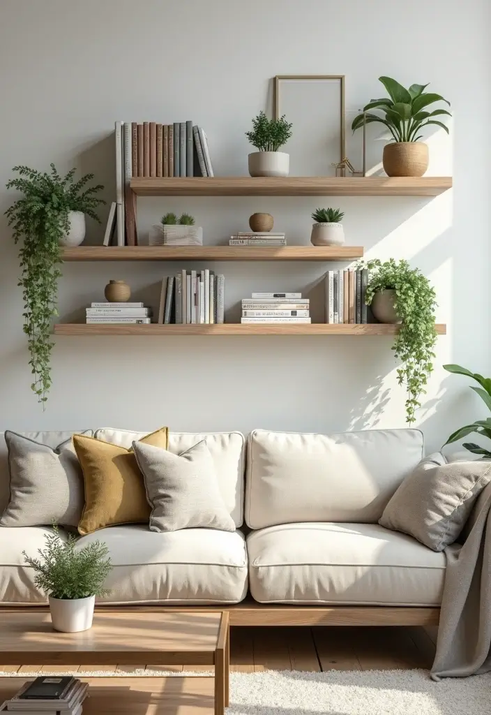 30 Bohemian Living Room Decor Ideas for Creative Homes - 23. Floating Shelves for Decor