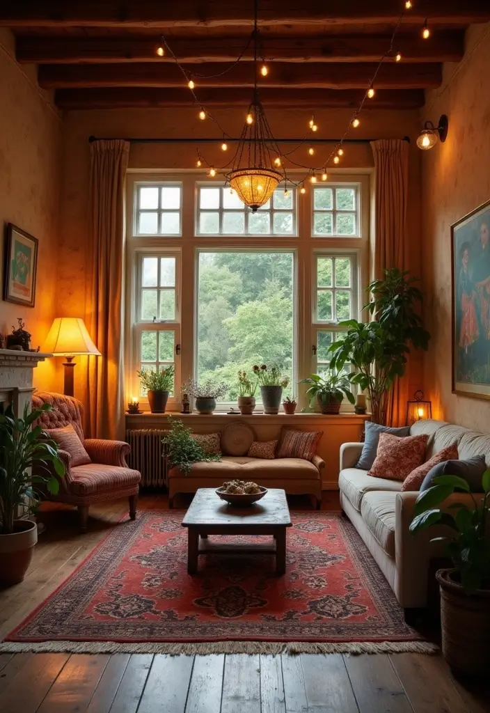 30 Bohemian Living Room Decor Ideas for Creative Homes - 28. Layered Lighting