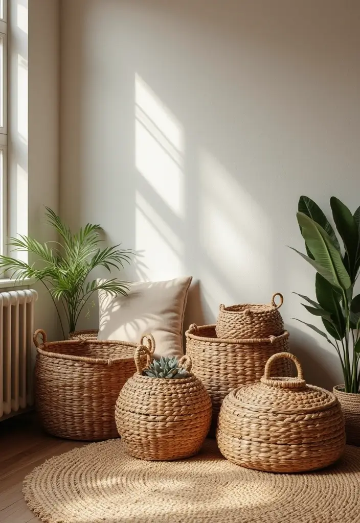 30 Boho Living Room Decor Ideas Full of Character - 14. Woven Baskets for Storage