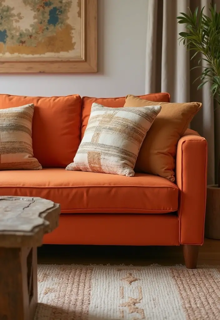 30 Burnt Orange Living Room Decor Ideas for Warm Interiors - 1. A Statement Burnt Orange Sofa