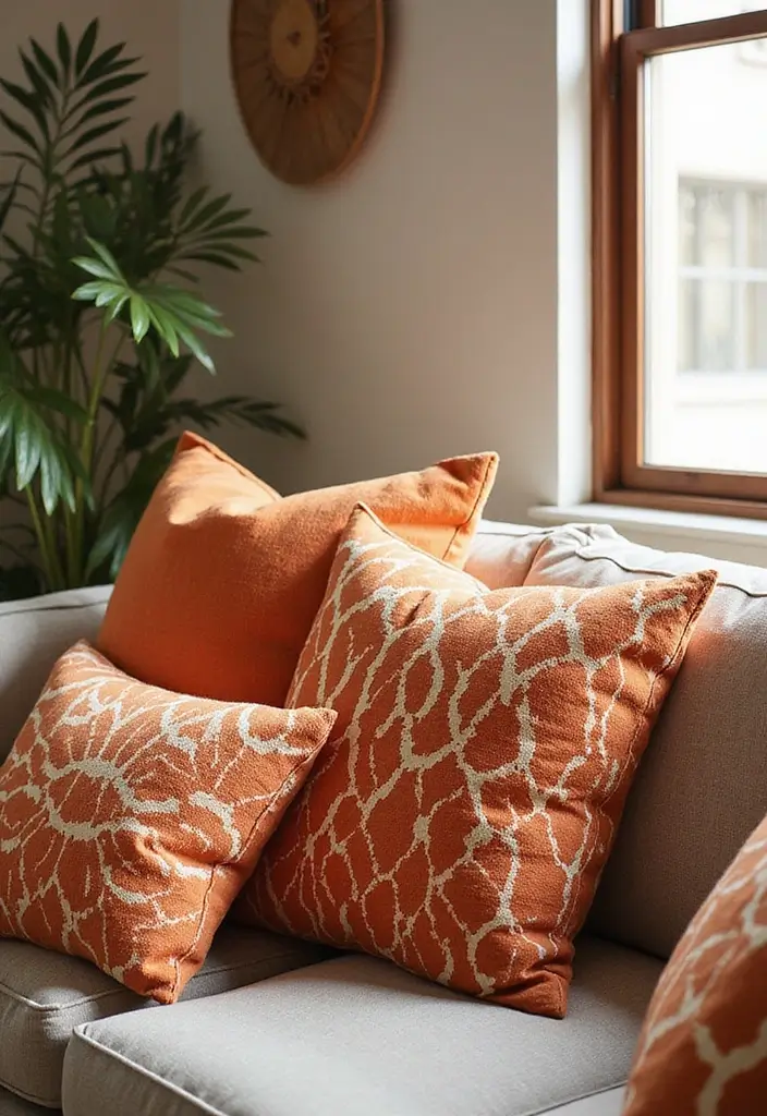 30 Burnt Orange Living Room Decor Ideas for Warm Interiors - 11. Decorative Throw Pillows