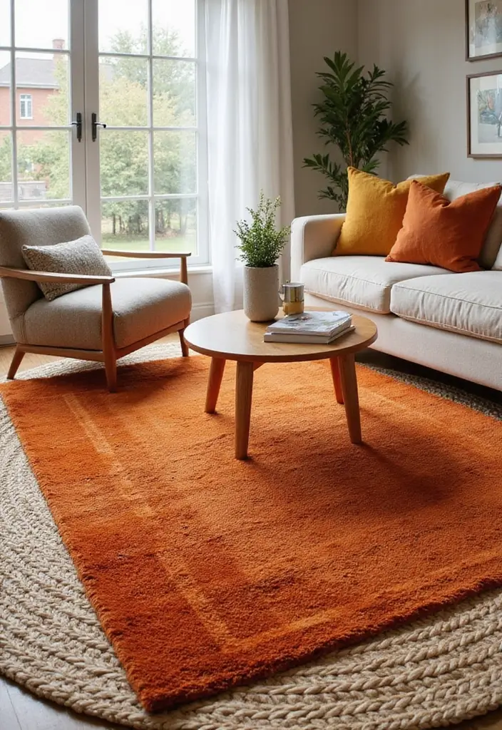 30 Burnt Orange Living Room Decor Ideas for Warm Interiors - 12. Stylish Area Rugs