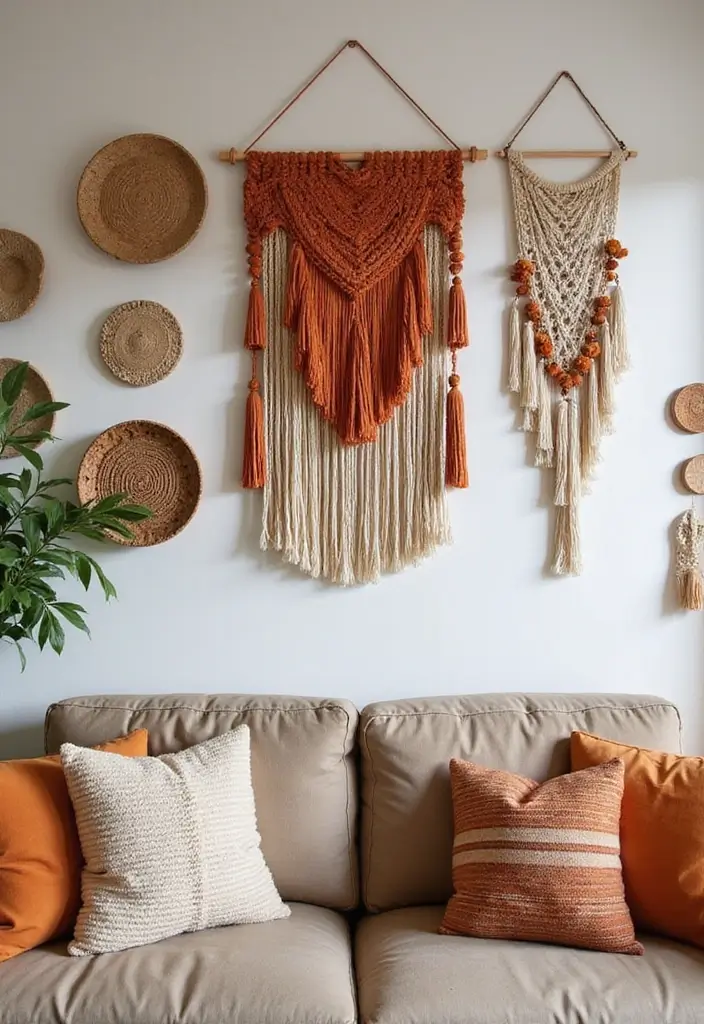 30 Burnt Orange Living Room Decor Ideas for Warm Interiors - 14. Bohemian Wall Hangings