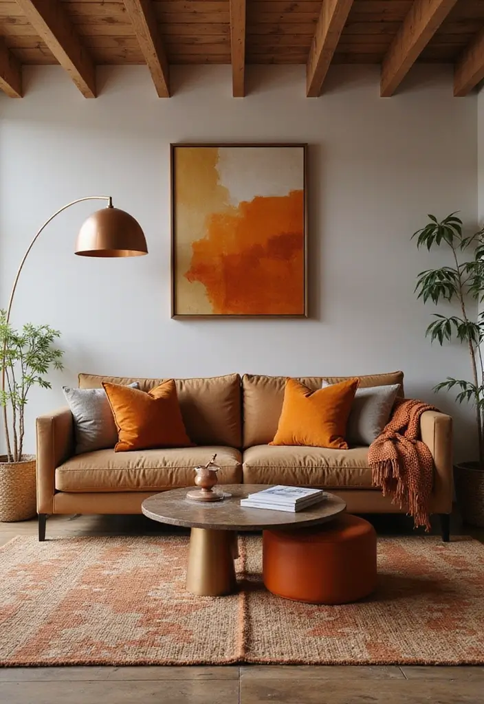 30 Burnt Orange Living Room Decor Ideas for Warm Interiors - 19. Incorporating Metal Accents