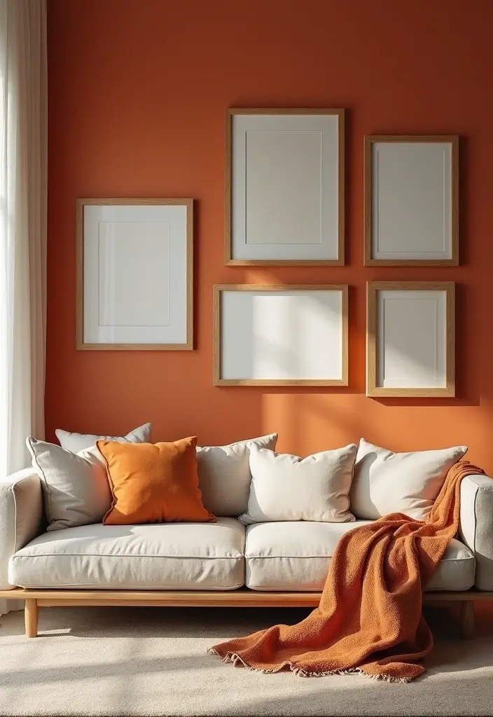 30 Burnt Orange Living Room Decor Ideas for Warm Interiors - 2. Burnt Orange Accent Wall