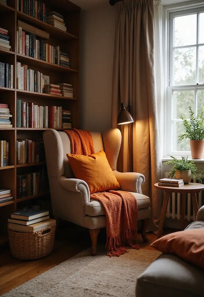 30 Burnt Orange Living Room Decor Ideas for Warm Interiors - 21. Curating a Cozy Reading Nook