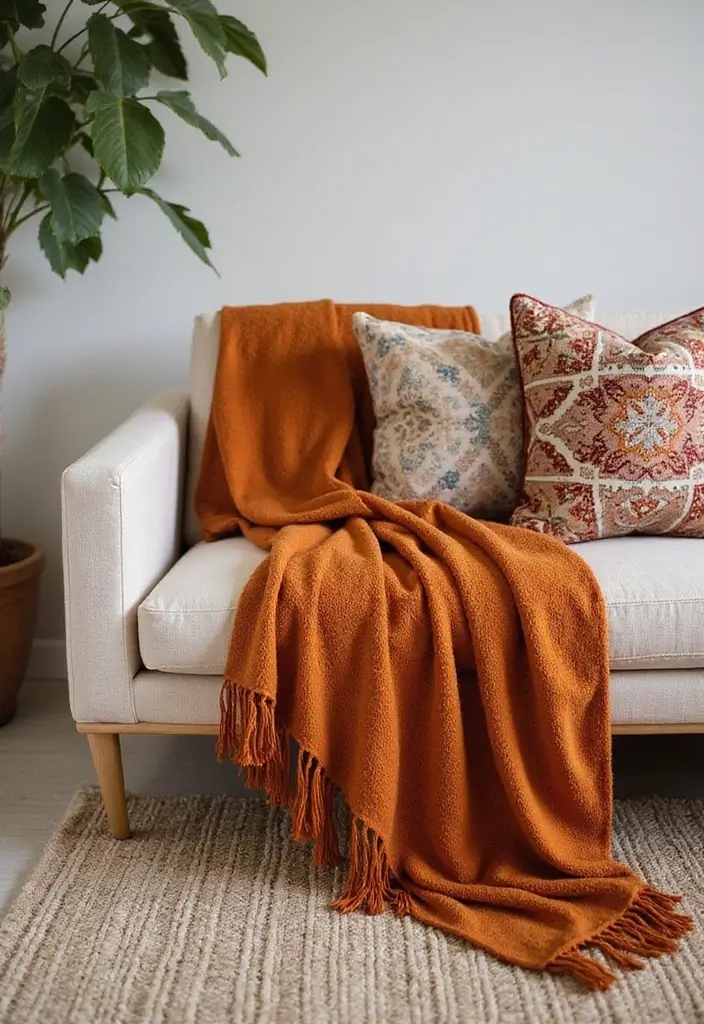 30 Burnt Orange Living Room Decor Ideas for Warm Interiors - 3. Layering Textiles