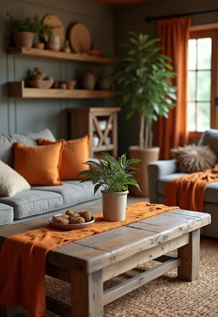 30 Burnt Orange Living Room Decor Ideas for Warm Interiors - 4. Rustic Wooden Accents