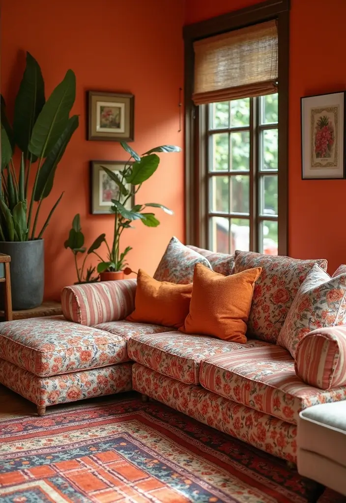 30 Burnt Orange Living Room Decor Ideas for Warm Interiors - 7. Mixed Patterns and Textures