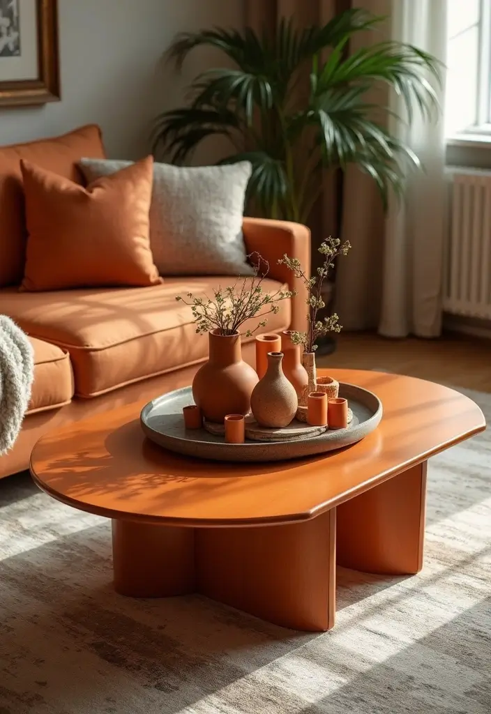 30 Burnt Orange Living Room Decor Ideas for Warm Interiors - 8. Unique Coffee Table Styles