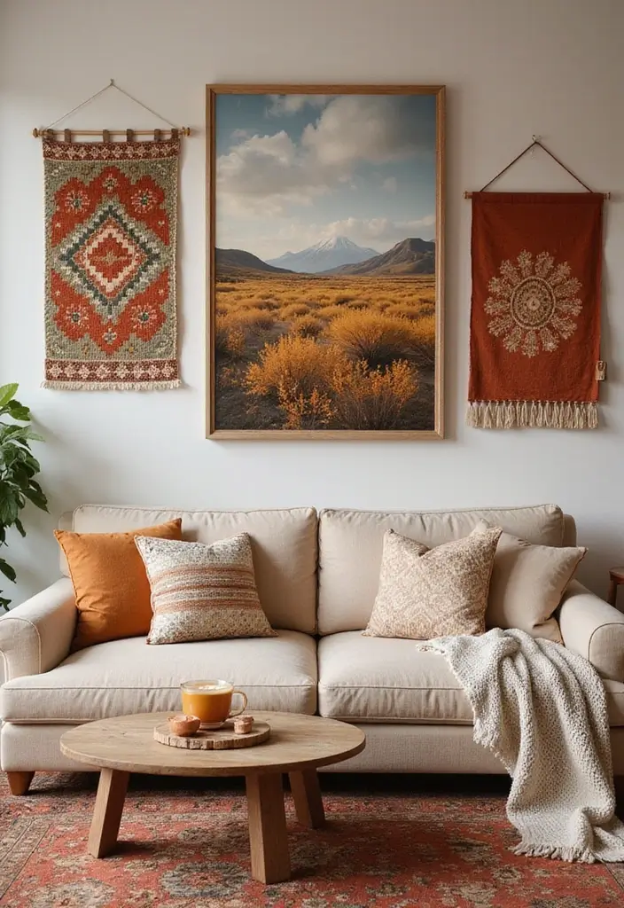 30 Cosy Living Room Decor Ideas for Comfort and Warmth - 11. Warm Wall Art