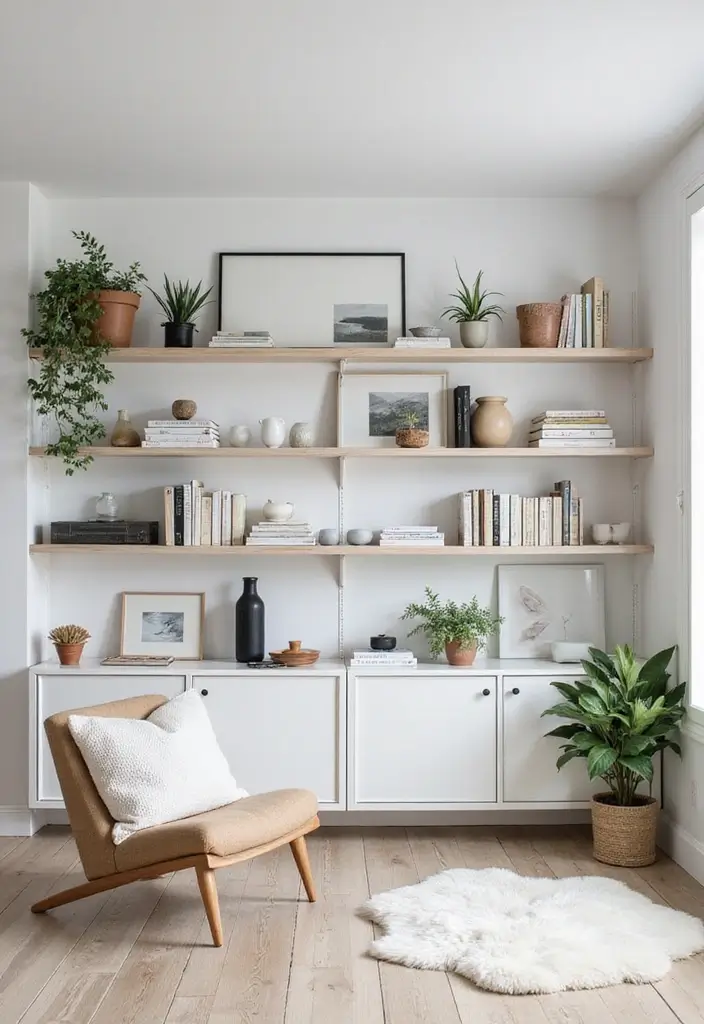 30 Decor Home Living Room Ideas for Everyday Elegance - 7. Minimalist Shelving