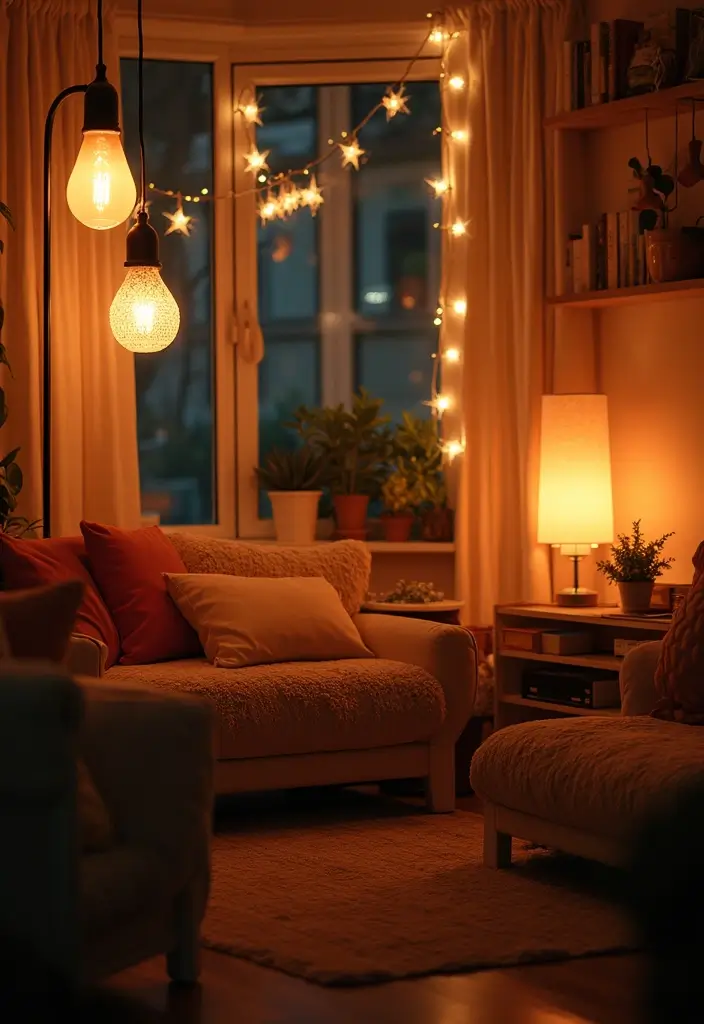 30 Dopamine Decor Living Room Ideas for Happy Interiors - 10. Whimsical Lighting