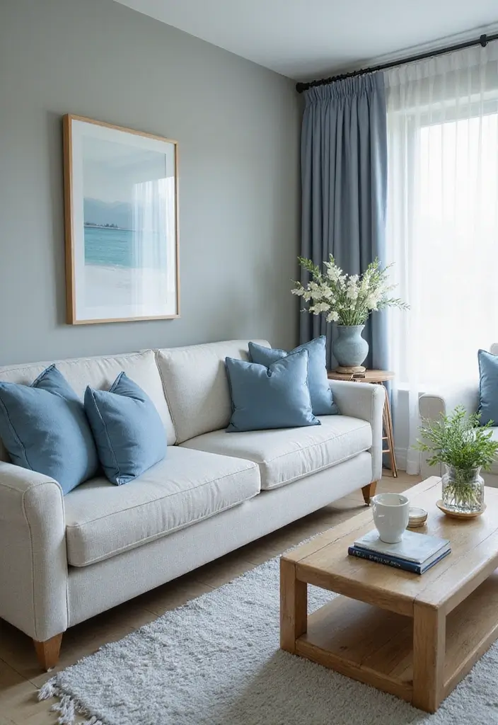 30 Dopamine Decor Living Room Ideas for Happy Interiors - 16. Soft Blue Accents