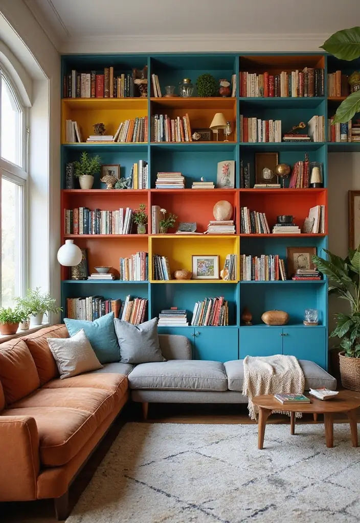 30 Dopamine Decor Living Room Ideas for Happy Interiors - 17. Eye-Catching Shelving