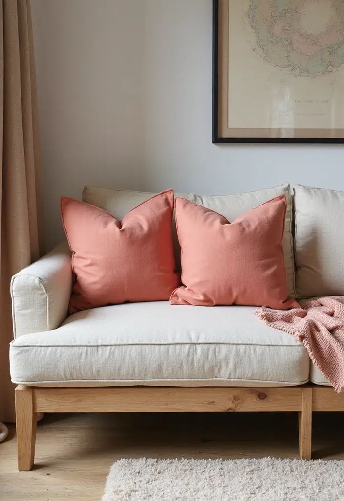 30 Dopamine Decor Living Room Ideas for Happy Interiors - 2. Cozy Coral Accents