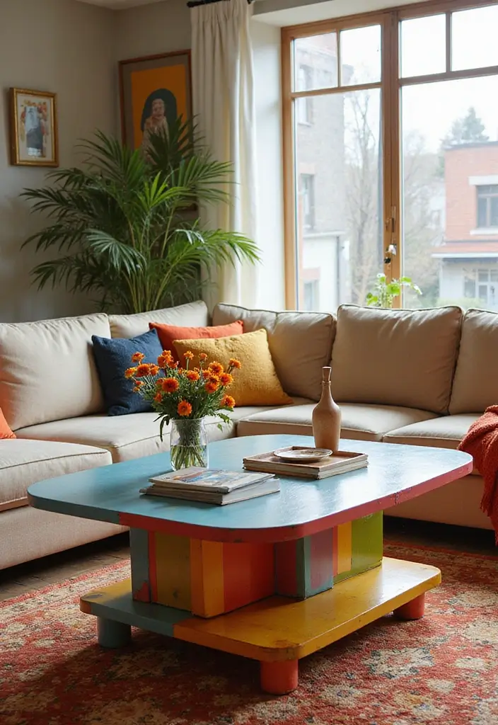 30 Dopamine Decor Living Room Ideas for Happy Interiors - 20. Fun Coffee Table