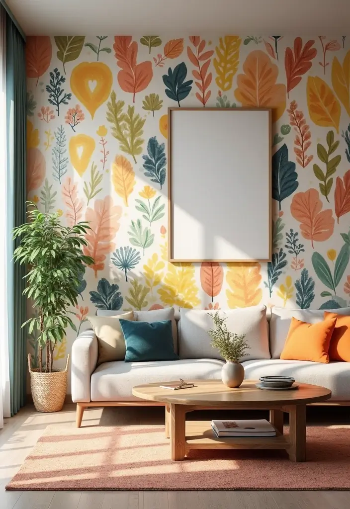 30 Dopamine Decor Living Room Ideas for Happy Interiors - 25. Optimistic Wallpaper