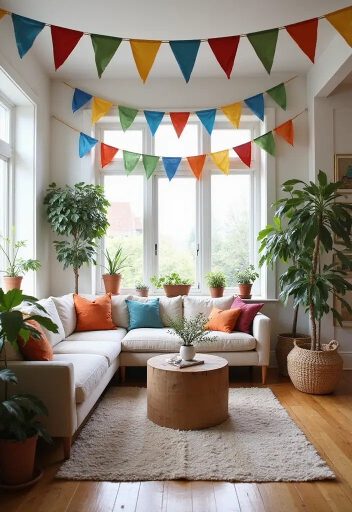 30 Dopamine Decor Living Room Ideas for Happy Interiors - 30. Celebratory Flags and Banners