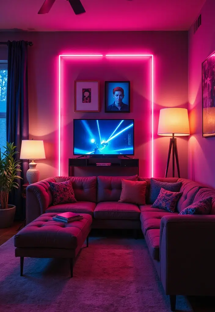 30 Dopamine Decor Living Room Ideas for Happy Interiors - 5. Neon Accents