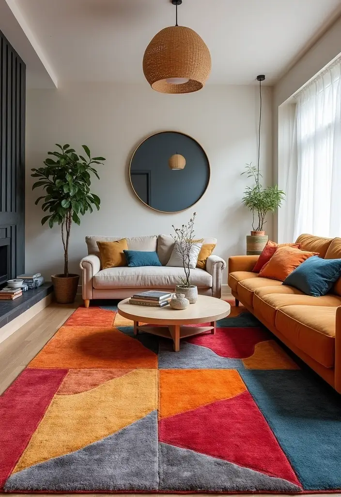 30 Dopamine Decor Living Room Ideas for Happy Interiors - 8. Bold Area Rugs