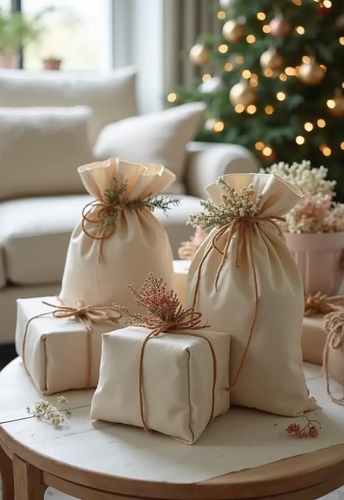 30 Eco-Friendly Christmas Decor Ideas for Living Room Inspiration - 10. Reusable Fabric Gift Bags