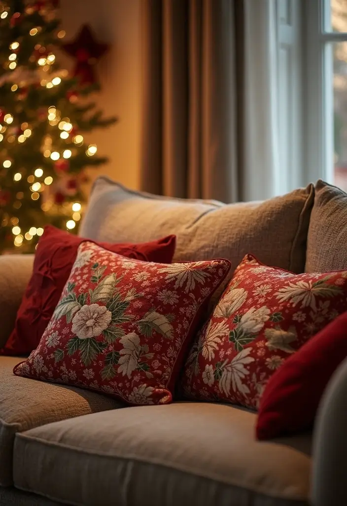 30 Eco-Friendly Christmas Decor Ideas for Living Room Inspiration - 13. Christmas-Themed Cushions