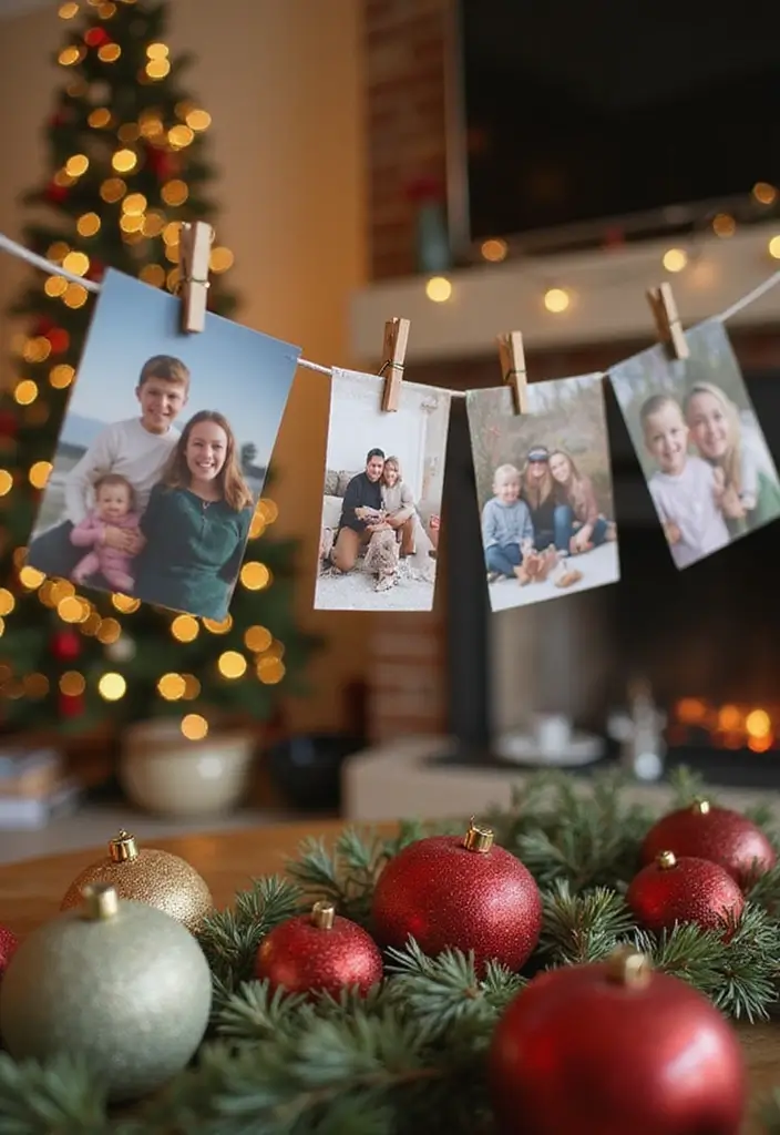 30 Eco-Friendly Christmas Decor Ideas for Living Room Inspiration - 23. Personal Christmas Photo Wall