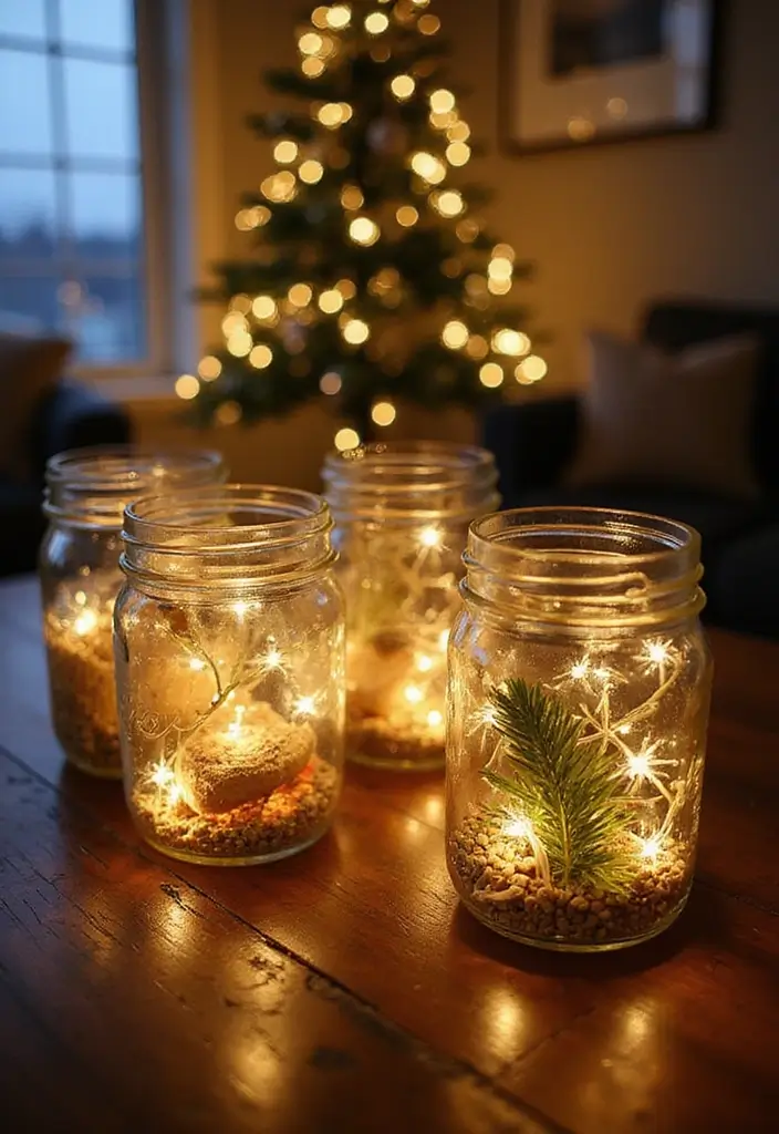 30 Eco-Friendly Christmas Decor Ideas for Living Room Inspiration - 28. Twinkling Mason Jar Lights