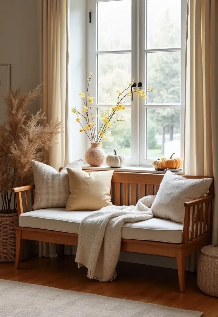 30 Fall Living Room Decor Ideas to Create a Cozy Atmosphere - 20. Cozy Bench Seating