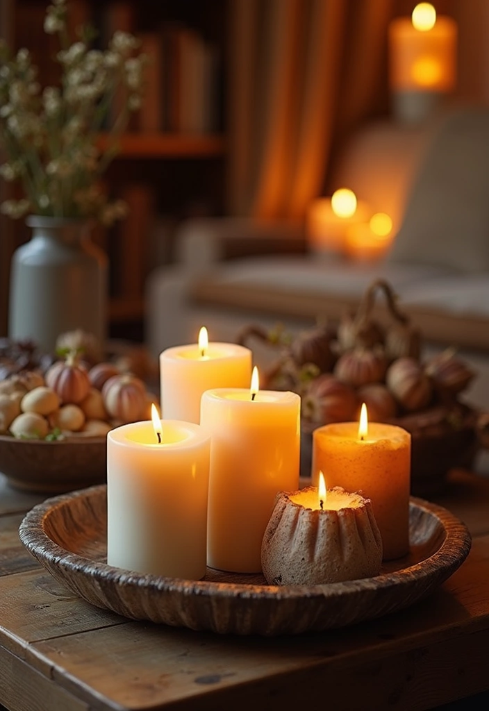 30 Fall Living Room Decor Ideas to Create a Cozy Atmosphere - 29. Pillar Candles
