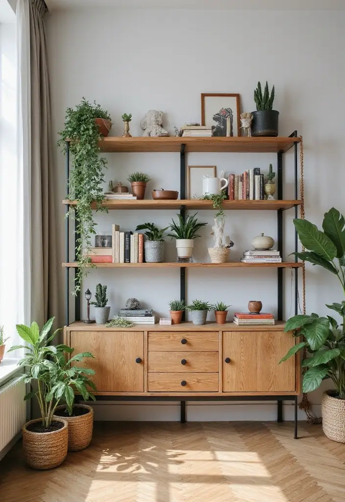 30 Farmhouse Decor Living Room Ideas with Rustic Charm - 10. Open Shelving