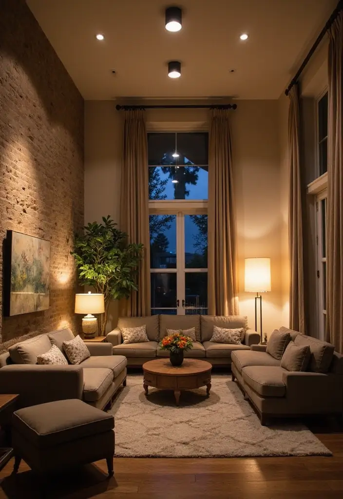 30 Farmhouse Decor Living Room Ideas with Rustic Charm - 14. Layered Lighting