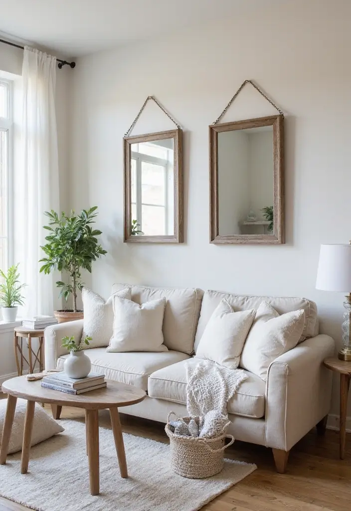 30 Farmhouse Decor Living Room Ideas with Rustic Charm - 17. Farmhouse-Style Mirrors