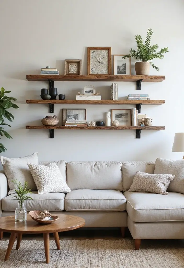 30 Farmhouse Decor Living Room Ideas with Rustic Charm - 18. Wall-mounted Storage