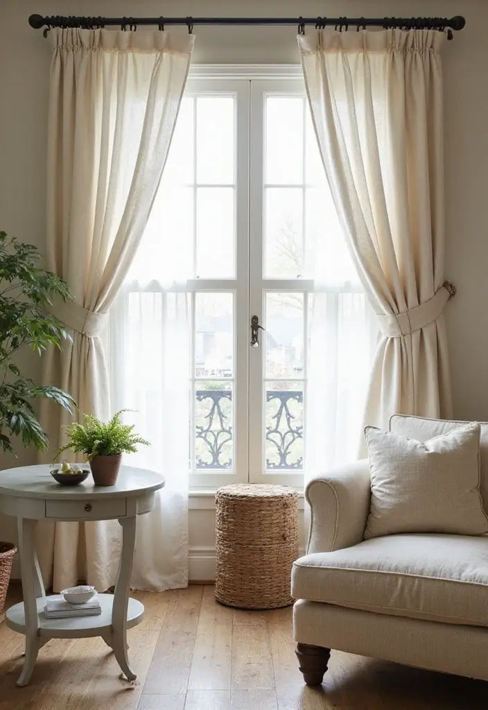 30 Farmhouse Decor Living Room Ideas with Rustic Charm - 19. Farmhouse-Style Curtains