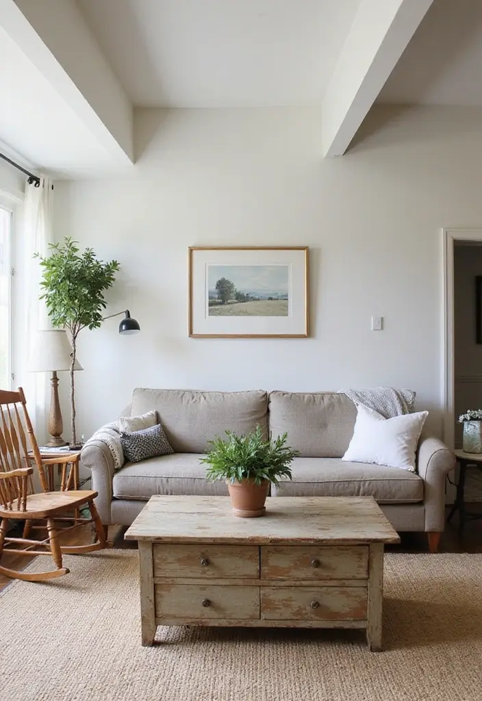 30 Farmhouse Decor Living Room Ideas with Rustic Charm - 2. Vintage Farmhouse Furniture