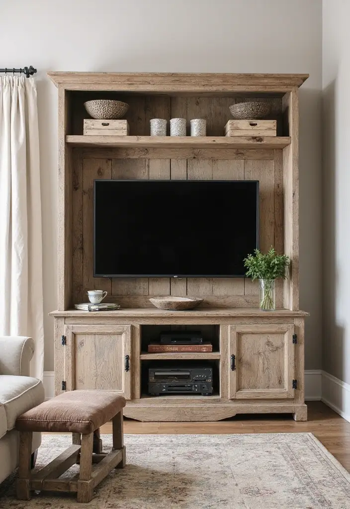 30 Farmhouse Decor Living Room Ideas with Rustic Charm - 24. Rustic Entertainment Centers