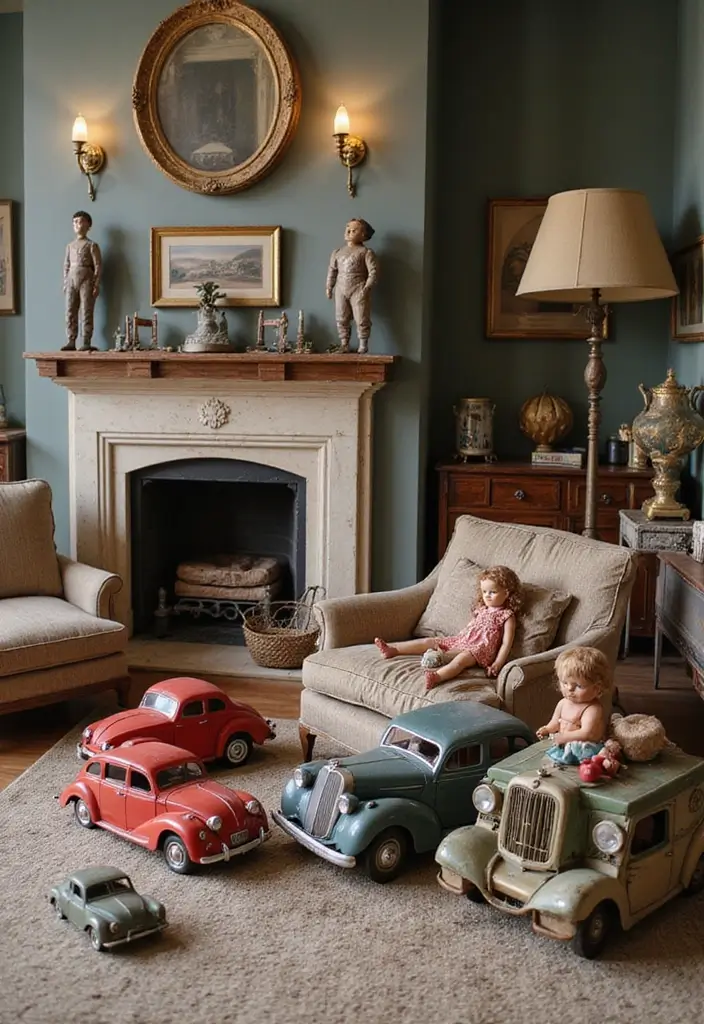 30 Farmhouse Decor Living Room Ideas with Rustic Charm - 25. Incorporating Vintage Toys
