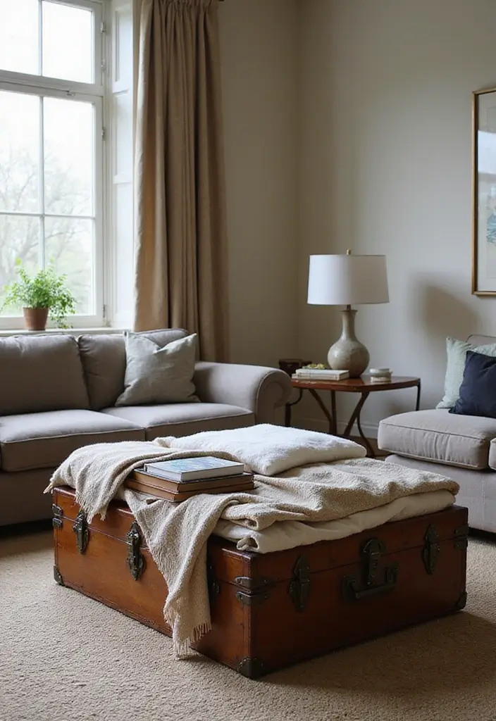30 Farmhouse Decor Living Room Ideas with Rustic Charm - 28. Vintage Trunks as Storage