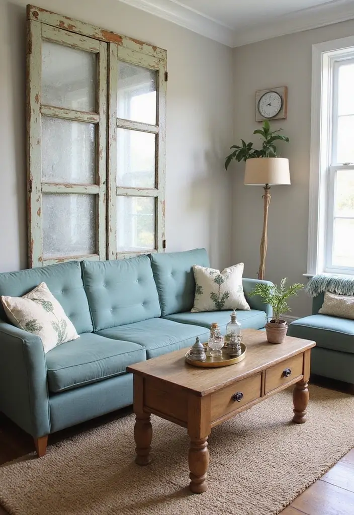 30 Farmhouse Decor Living Room Ideas with Rustic Charm - 30. Repurposed Decor