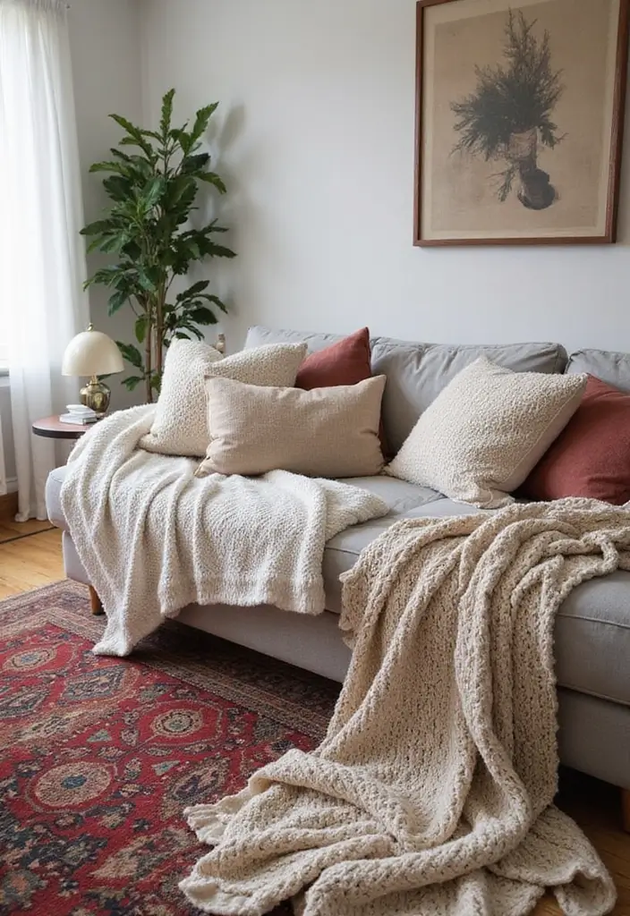 30 Farmhouse Decor Living Room Ideas with Rustic Charm - 4. Cozy Textiles