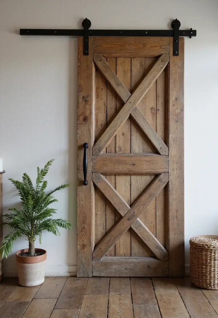 30 Farmhouse Living Room Wall Decor Ideas for a Rustic Touch - 1. Vintage Barn Doors