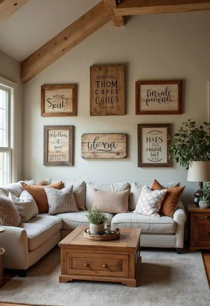 30 Farmhouse Living Room Wall Decor Ideas for a Rustic Touch - 11. Handcrafted Wooden Signs